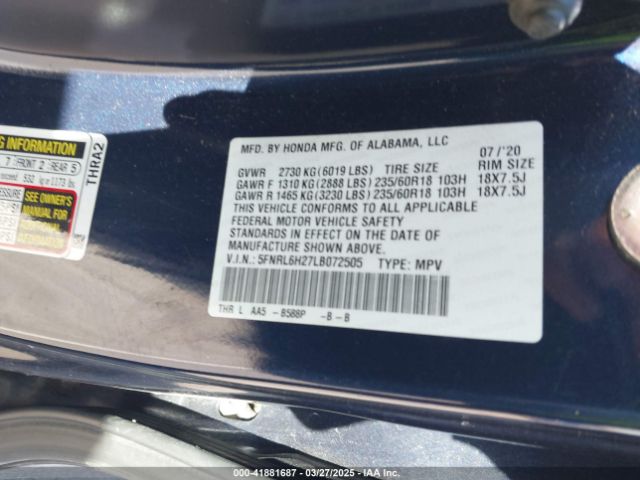 5FNRL6H27LB072505 Honda ODYSSEY LX
