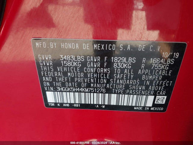 3HGGK5H44KM751276 Honda FIT LX