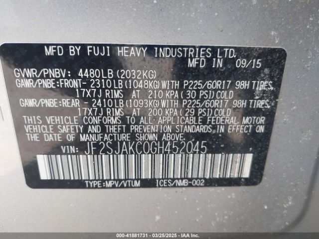 2016 SUBARU FORESTER JF2SJAKC0GH452045 Photo 8