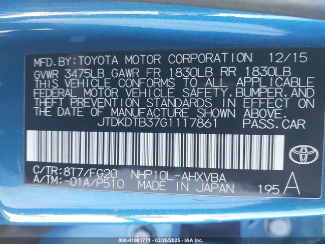 JTDKDTB37G1117861 Toyota Prius C Two