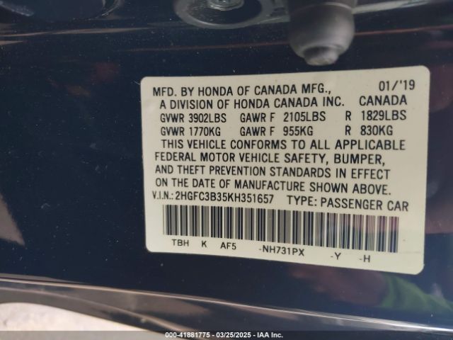 2HGFC3B35KH351657 Honda CIVIC EX