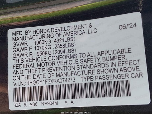 1HGCY1F3XRA074273 Honda ACCORD EX