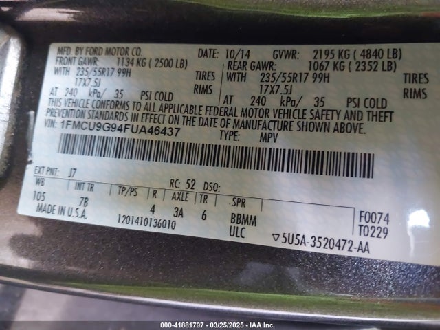 1FMCU9G94FUA46437 Ford ESCAPE SE