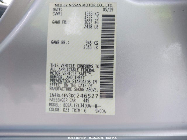 1N4BL4EV3KC246527 Nissan Altima 2.5 Sl
