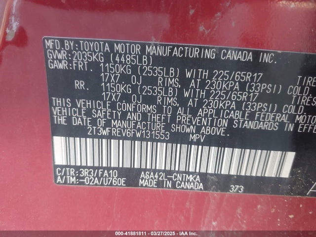2T3WFREV6FW131553 Toyota Rav4 Xle