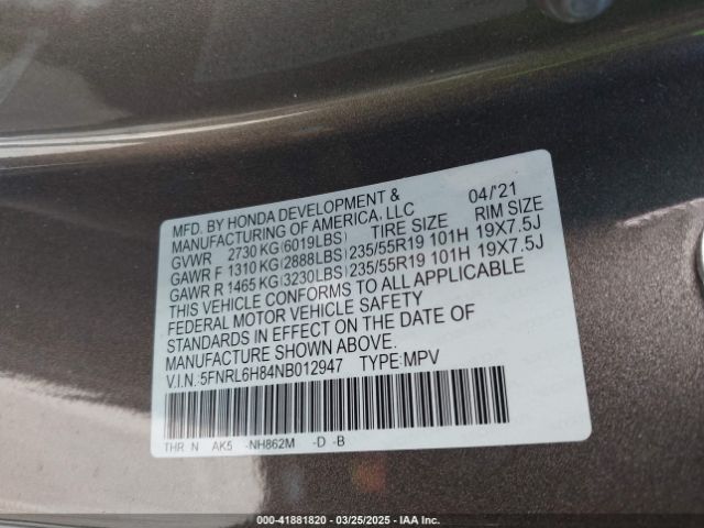 5FNRL6H84NB012947 Honda Odyssey Touring