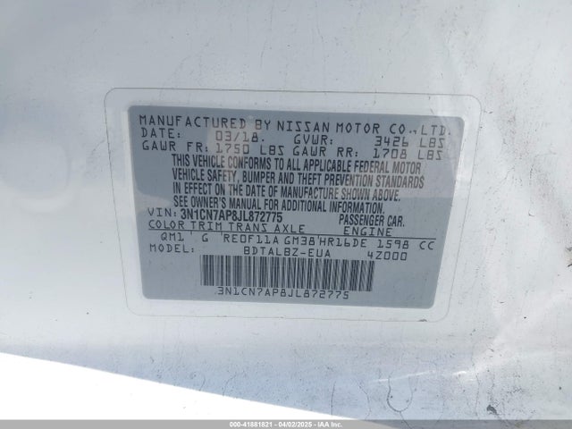 3N1CN7AP8JL872775 Nissan Versa 1.6 Sv