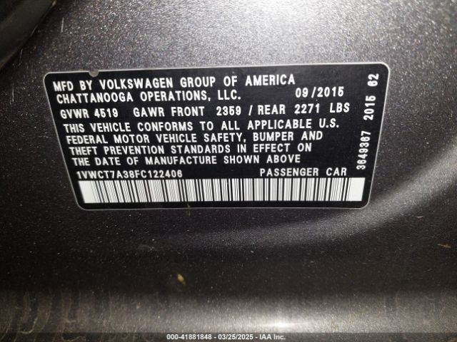 1VWCT7A38FC122406 Volkswagen Passat 1.8t Sel Premium