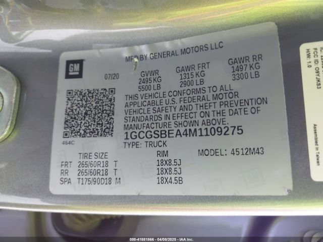 1GCGSBEA4M1109275 Chevrolet lcv - l4, sidi, dcvcp, vvt, e85 max , e0-e100, alum