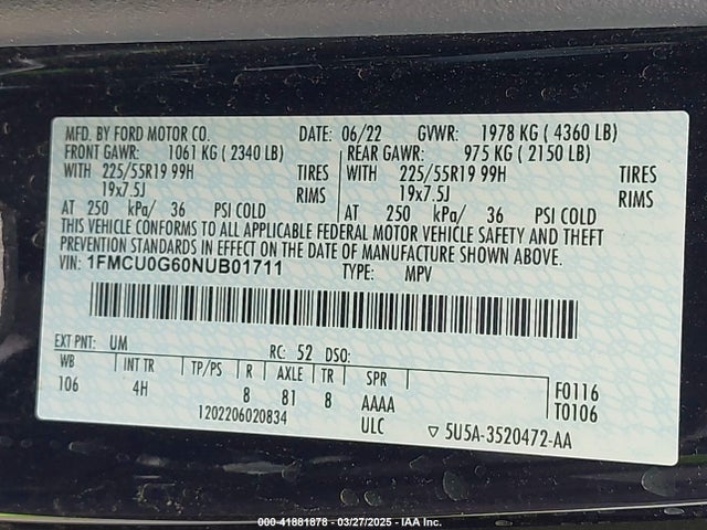 1FMCU0G60NUB01711 Ford ESCAPE SE