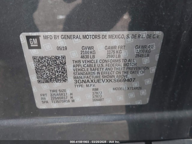 3GNAXUEVXKS669407 Chevrolet EQUINOX LT