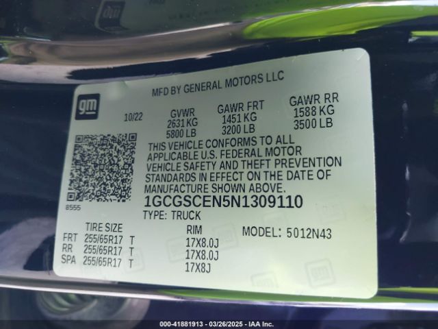 1GCGSCEN5N1309110 Chevrolet Colorado 2wd  Short Box Lt