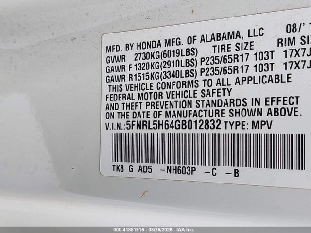 5FNRL5H64GB012832 Honda Odyssey Ex-l