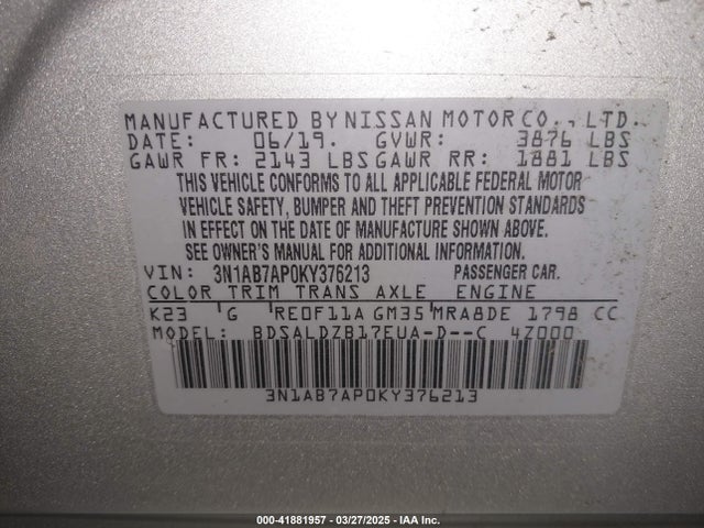 3N1AB7AP0KY376213 Nissan SENTRA SV
