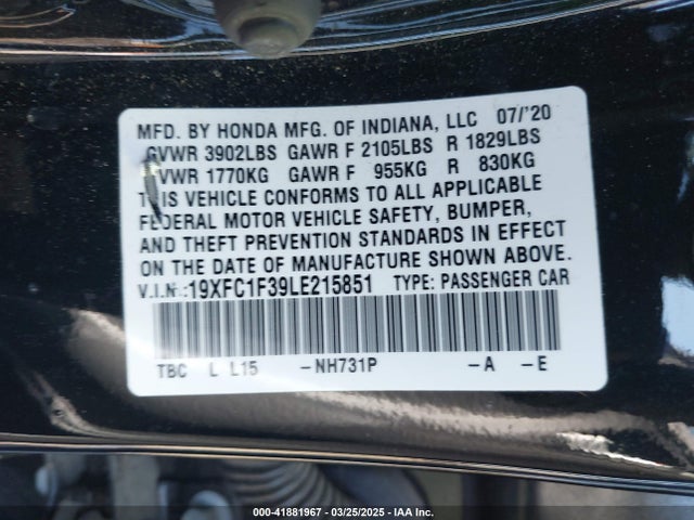 19XFC1F39LE215851 Honda CIVIC EX