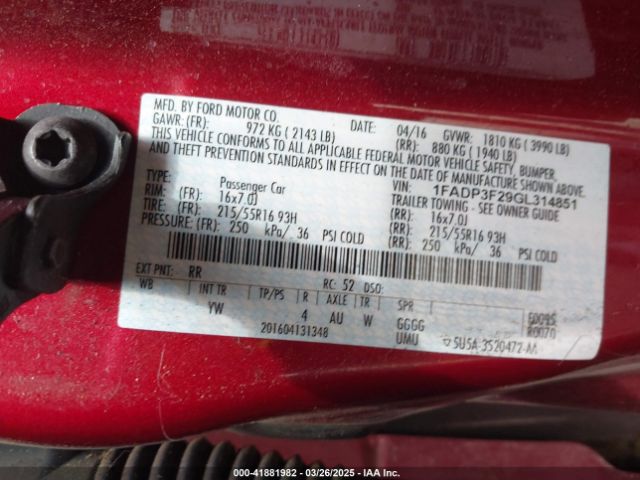 1FADP3F29GL314851 Ford FOCUS SE