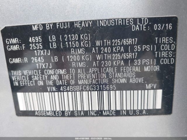 4S4BSBFC6G3315695 Subaru Outback 2.5i Premium