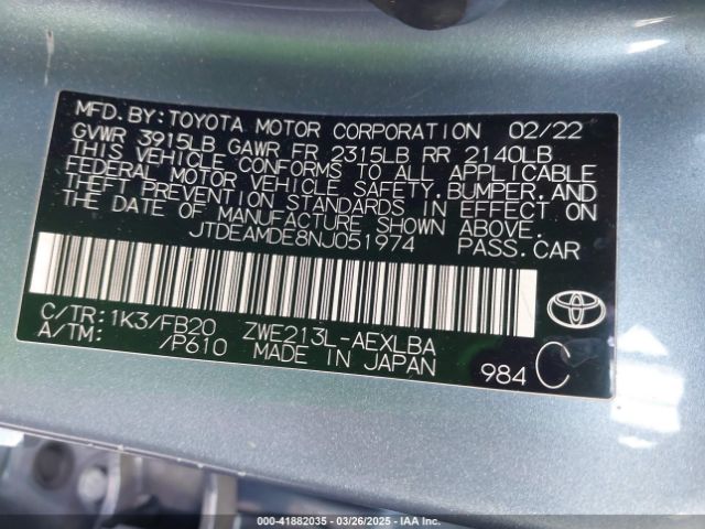 JTDEAMDE8NJ051974 Toyota Corolla Hybrid Le
