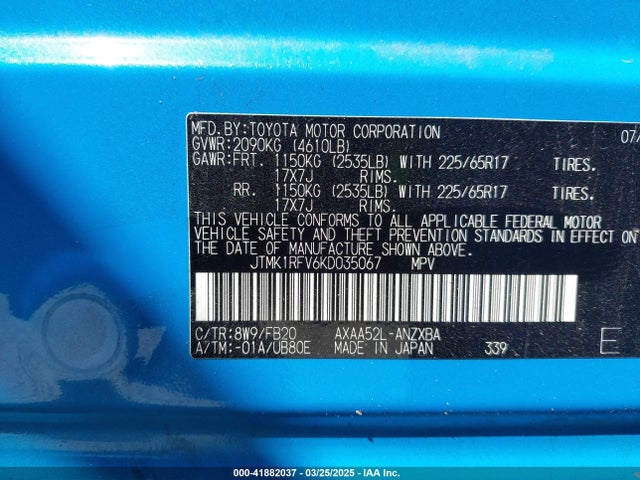 JTMK1RFV6KD035067 Toyota RAV4 LE