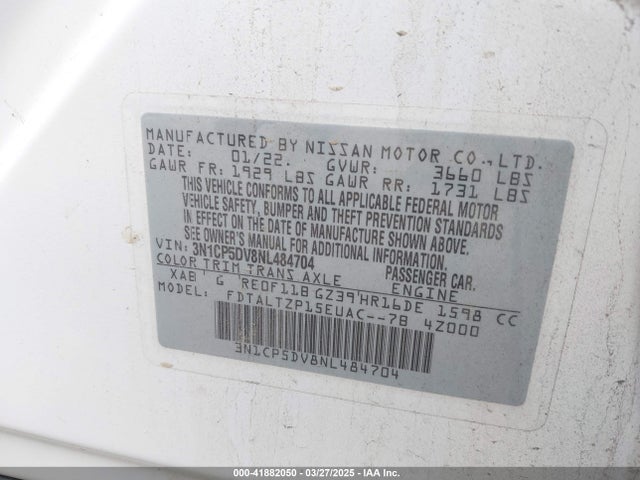 3N1CP5DV8NL484704 Nissan Kicks Sr Xtronic Cvt