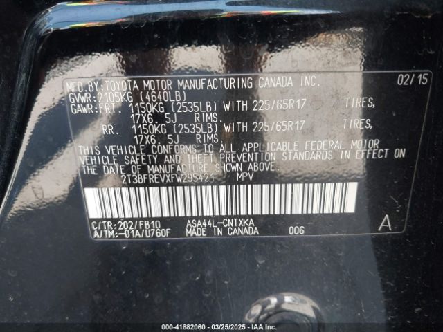 2T3BFREVXFW295421 Toyota RAV4 LE