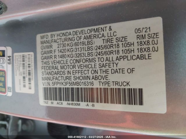 5FPYK3F56MB016316 Honda Ridgeline Awd Rtl