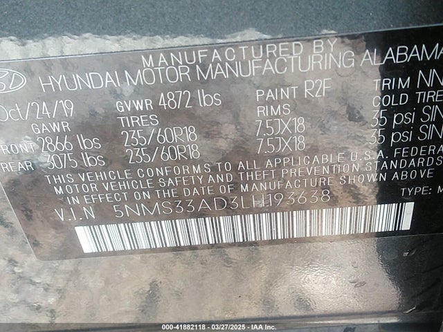 5NMS33AD3LH193638 Hyundai Santa Fe Sel