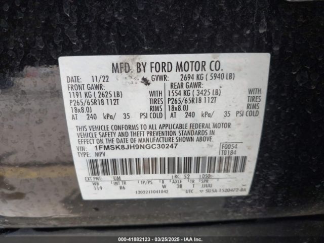 1FMSK8JH9NGC30247 Ford Explorer Timberline