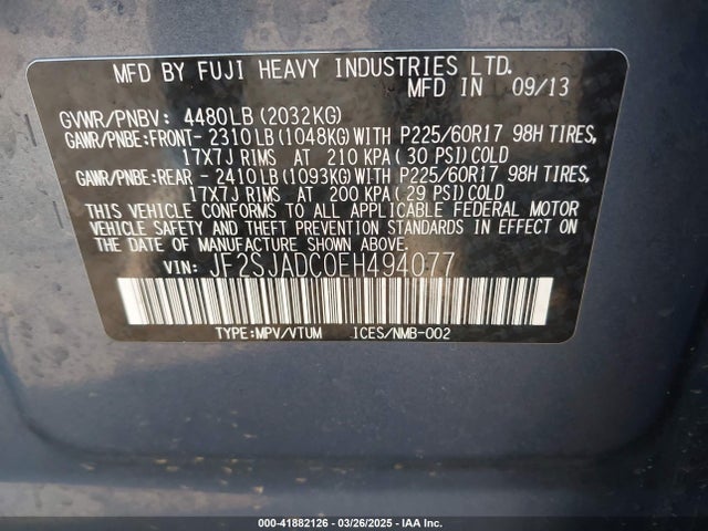 Subaru Forester 2.5i Premium 2014 JF2SJADC0EH494077 Image 9