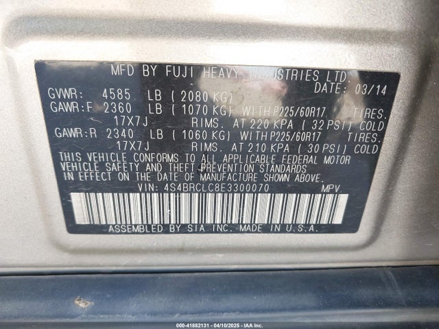 4S4BRCLC8E3300070 Subaru Outback 2.5i Limited