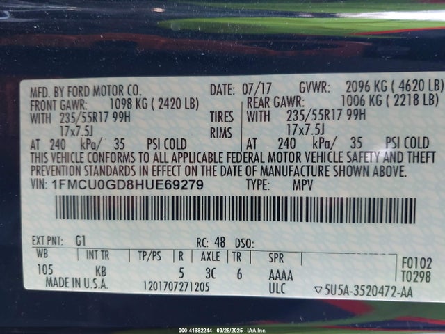 1FMCU0GD8HUE69279 Ford ESCAPE SE