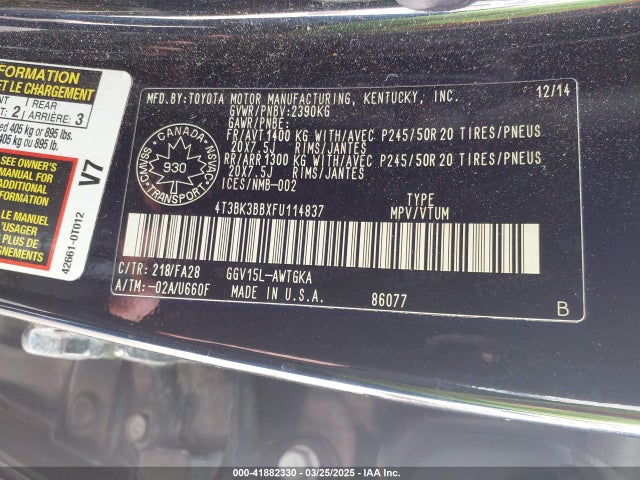 4T3BK3BBXFU114837 Toyota Venza Base V6