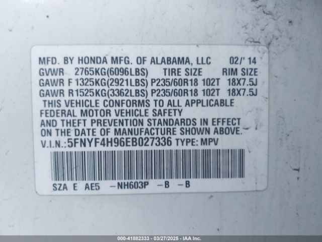5FNYF4H96EB027336 Honda Pilot Touring