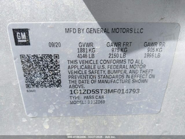 1G1ZD5ST3MF014793 Chevrolet Malibu Fwd Lt