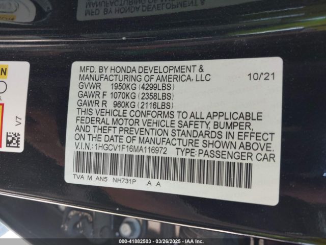 1HGCV1F16MA116972 Honda ACCORD LX