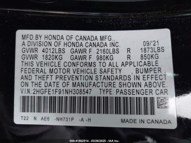 2HGFE1F91NH308547 Honda Civic Touring