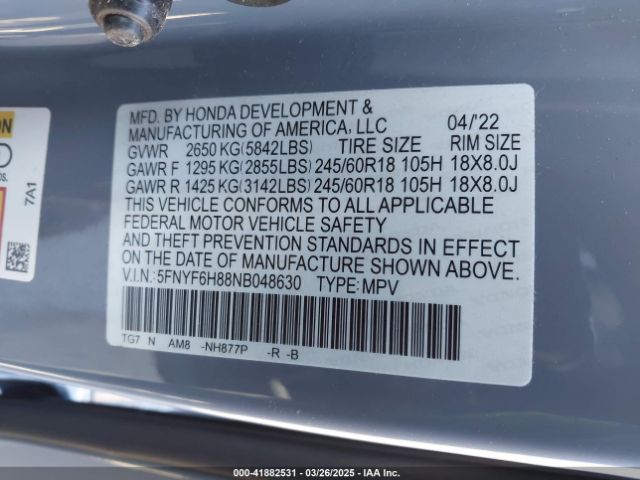 5FNYF6H88NB048630 Honda Pilot Awd Trailsport