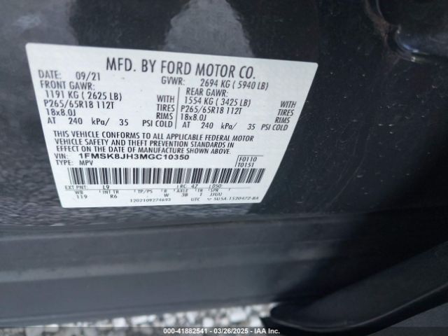 1FMSK8JH3MGC10350 Ford Explorer Timberline