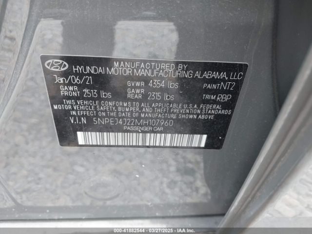 5NPEJ4J22MH107960 Hyundai Sonata Sel Plus