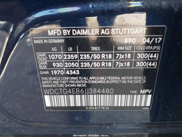 WDCTG4EB6JJ384480 Mercedes-Benz GLA 250