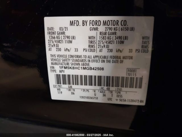 1FM5K8HC1MGB42508 Ford Explorer Platinum