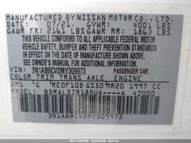 3N1AB8CV2MY309973 Nissan Sentra Sv Xtronic Cvt