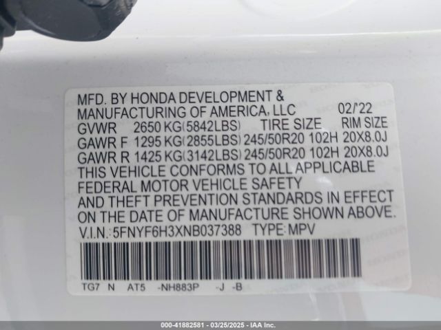 5FNYF6H3XNB037388 Honda Pilot Awd Sport