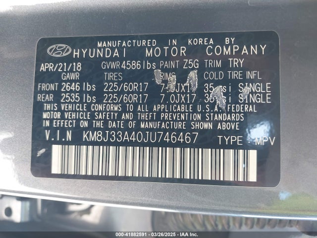 KM8J33A40JU746467 Hyundai Tucson Sel Plus