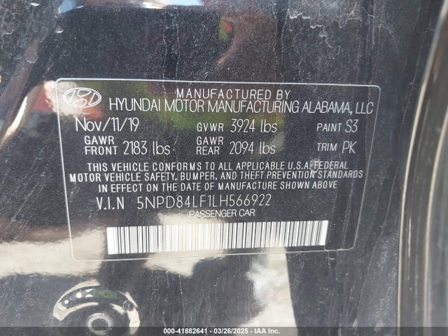 5NPD84LF1LH566922 Hyundai ELANTRA SEL
