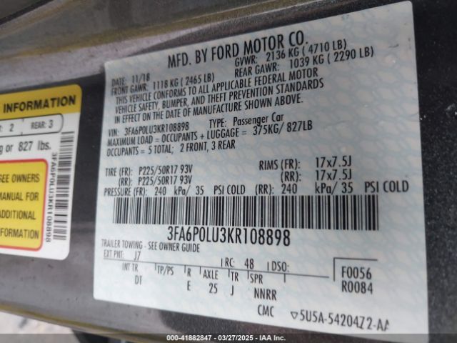 3FA6P0LU3KR108898 Ford Fusion Hybrid Se