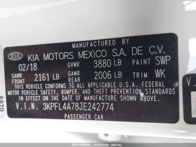 3KPFL4A78JE242774 KIA FORTE LX