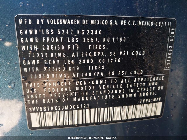 3VV5B7AX2JM004121 Volkswagen Tiguan 2.0t Sel Premium
