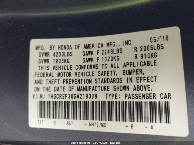 1HGCR2F36GA219308 Honda ACCORD LX