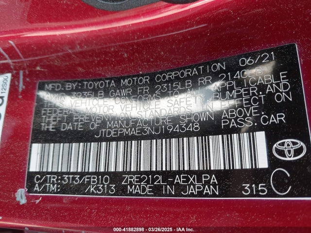 JTDEPMAE3NJ194348 Toyota COROLLA LE